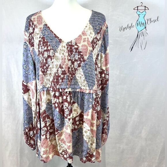 Maurice’s plus long sleeve boho patchwork smocked peplum top size 1X - Picture 3 of 8